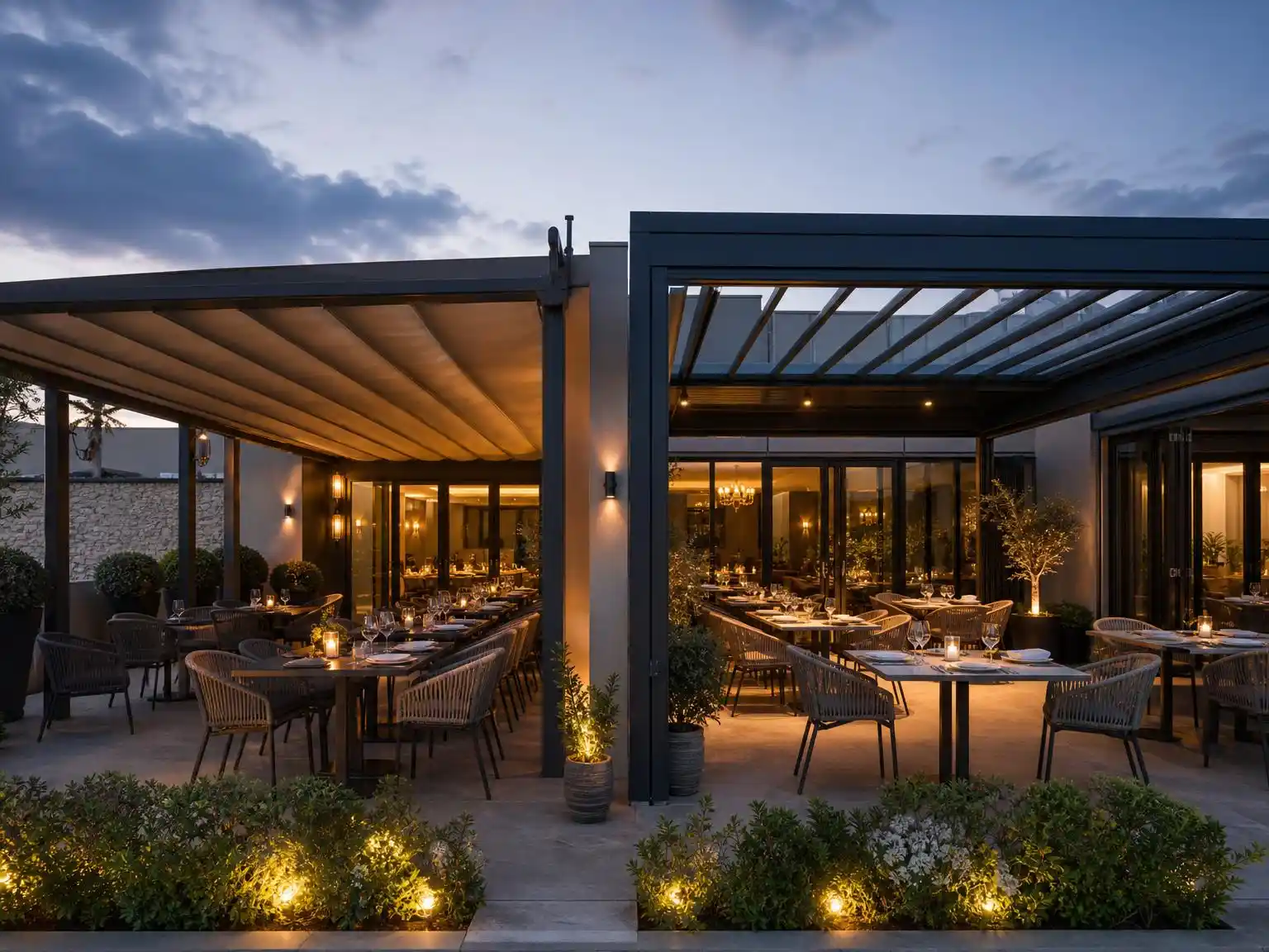 Retractable roof system for restaurant outdoor dining terrace