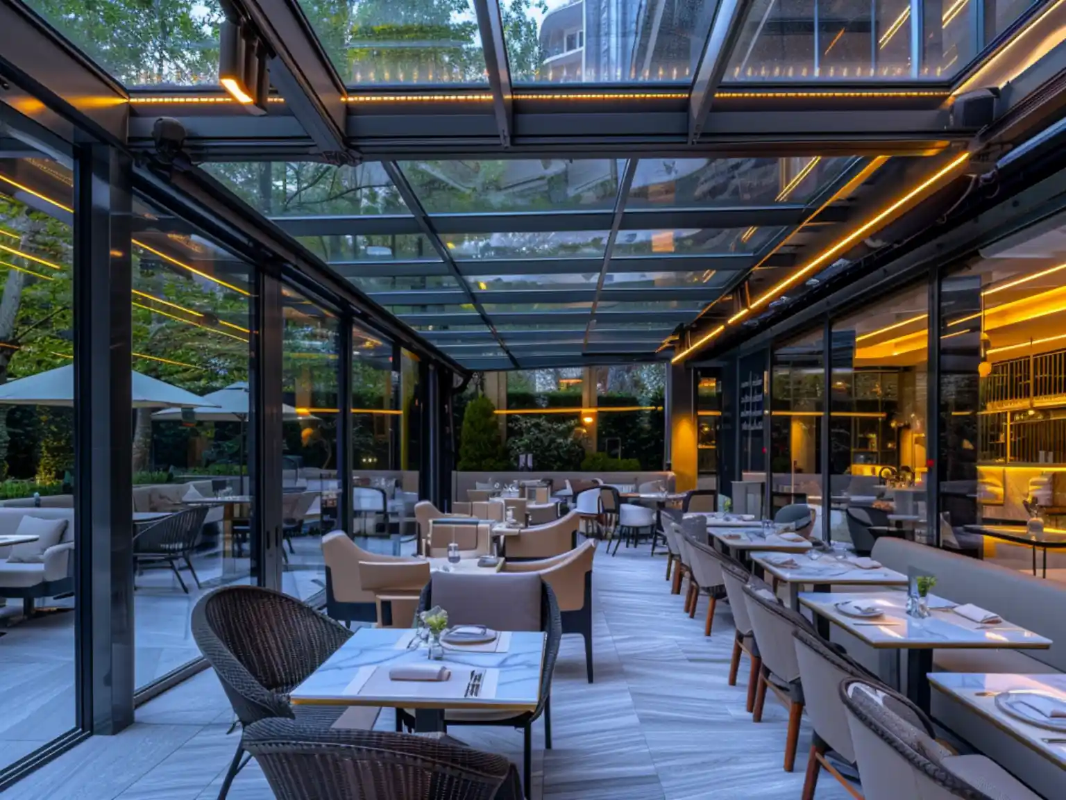 A transparent retractable roof system helps hospitality venues create flexible all-weather outdoor spaces.