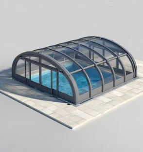 Classic curved pool enclosure with transparent panels and telescopic sliding structure