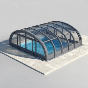 Classic curved pool enclosure with transparent panels and telescopic sliding structure