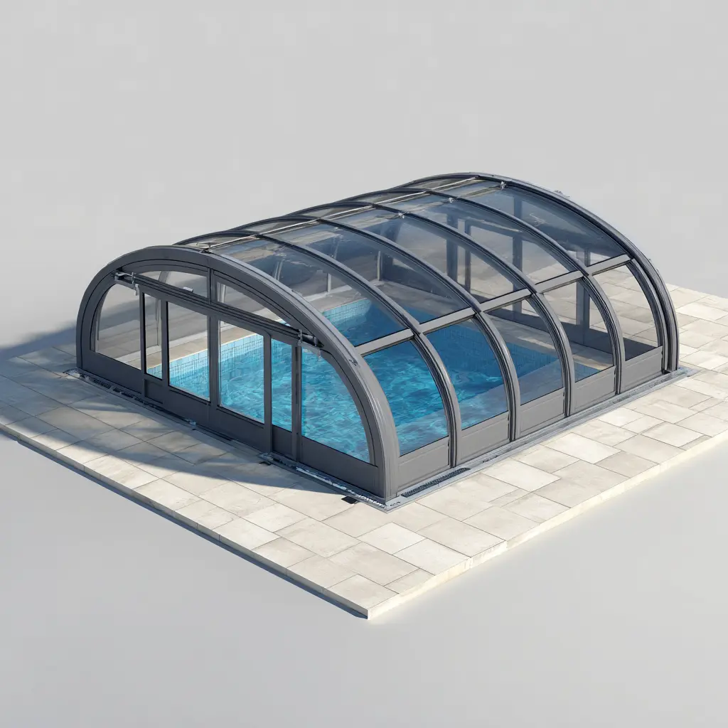 Classic curved pool enclosure with transparent panels and telescopic sliding structure