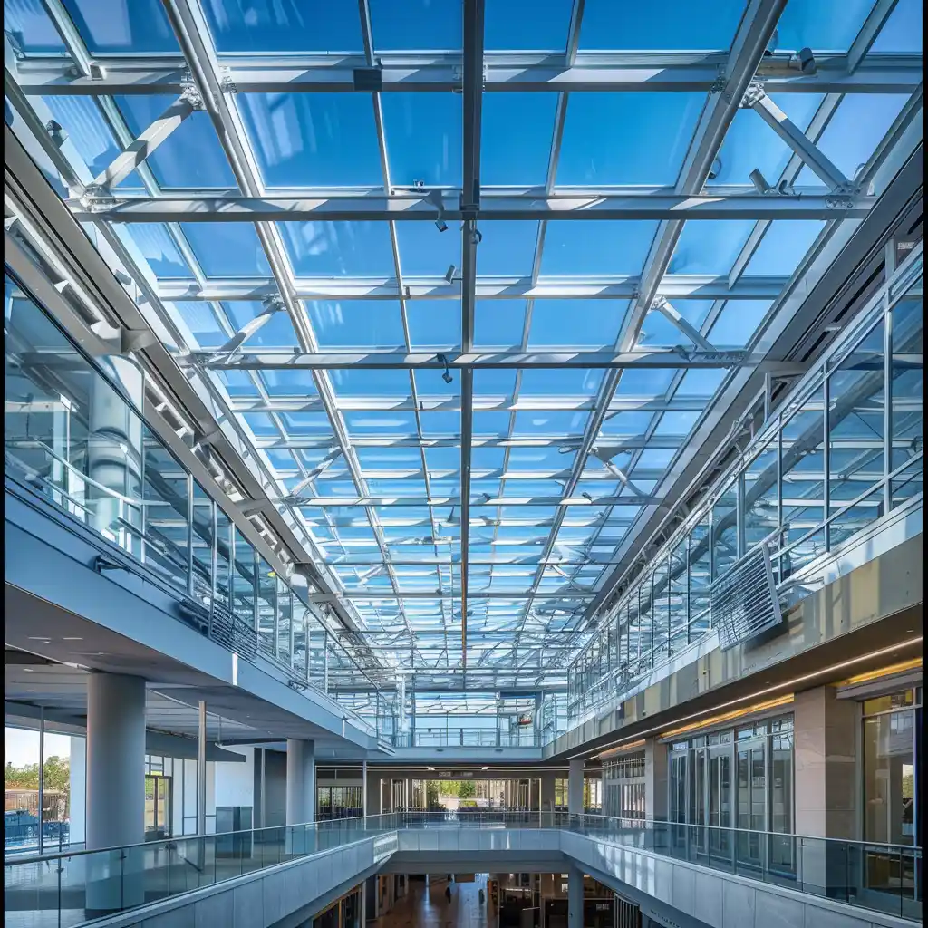 commercial plaza with retractable glass roof structure