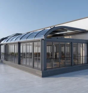 Commercial retractable roof system with curved aluminum frame and transparent panels