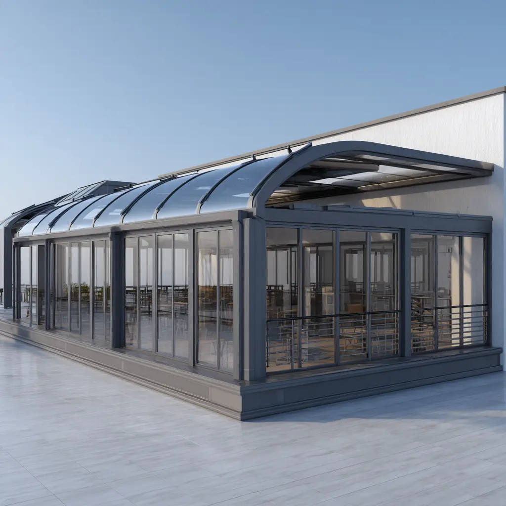Commercial retractable roof system with curved aluminum frame and transparent panels
