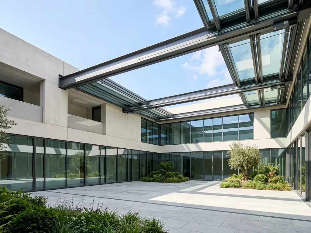 sliding glass retractable roof covering a modern architectural courtyard
