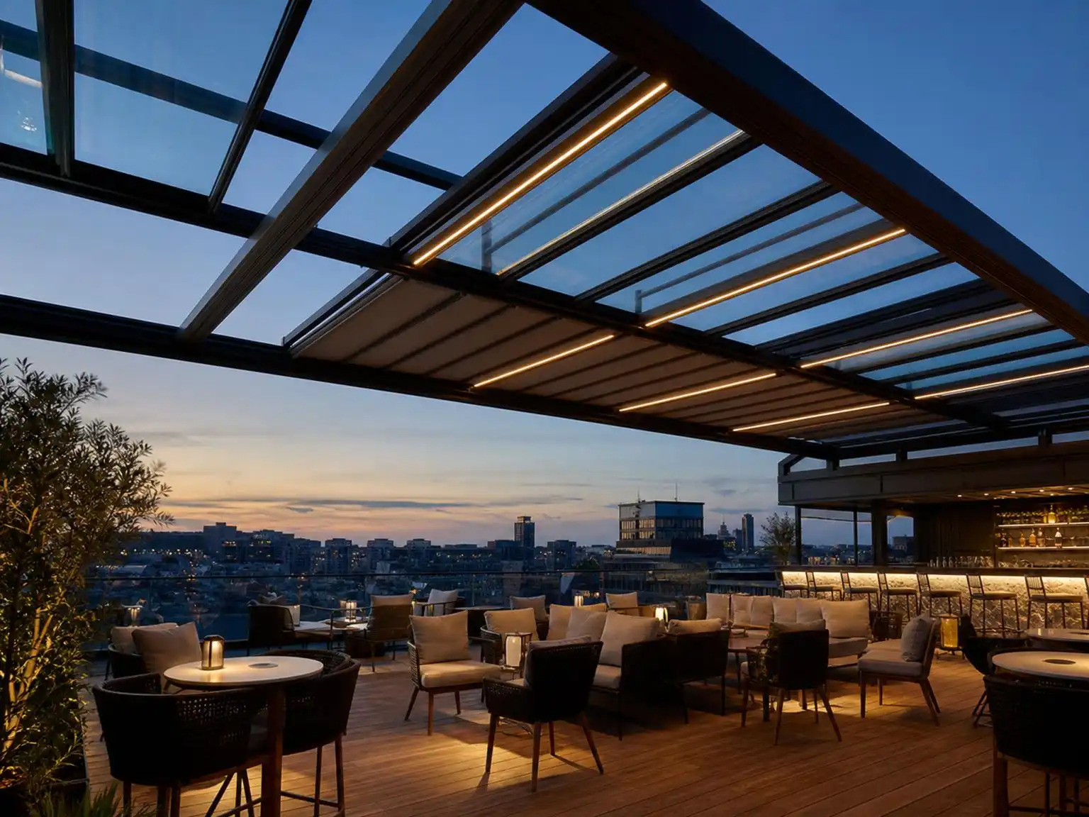retractable roof system covering an outdoor entertainment venue terrace