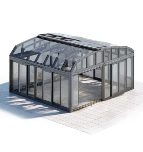 Freestanding retractable sunroom with independent aluminum frame and transparent panels