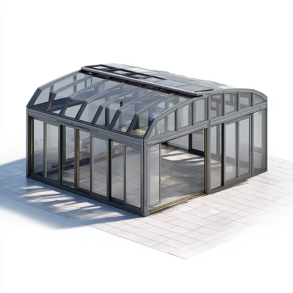 Freestanding retractable sunroom with independent aluminum frame and transparent panels