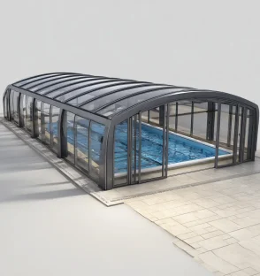 High retractable pool enclosure with walk-in arched aluminum frame over a swimming pool