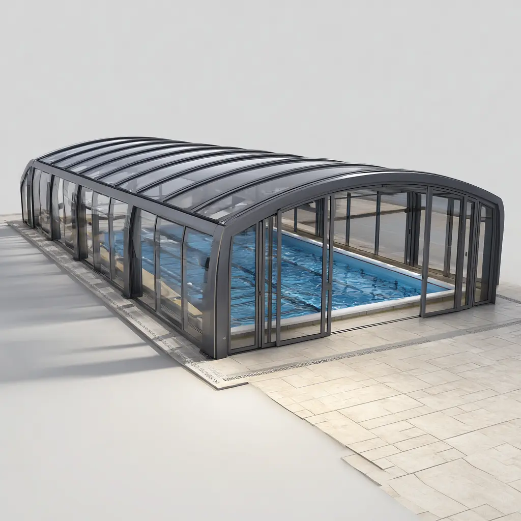 High retractable pool enclosure with walk-in arched aluminum frame over a swimming pool