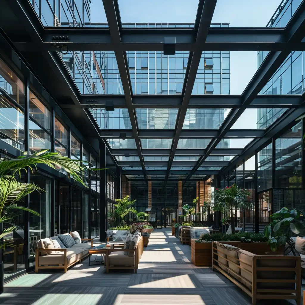 hotel courtyard lounge with retractable glass roof system