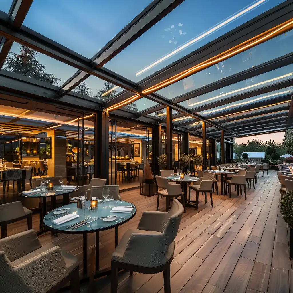 hotel restaurant terrace with retractable glass roof structure