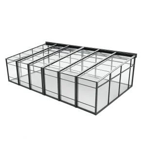 Lean-to retractable sunroom attached to a wall with curved transparent roof panels