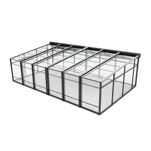 Lean-to retractable sunroom attached to a wall with curved transparent roof panels
