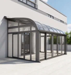 Lean-to retractable sunroom attached to a wall with curved transparent roof panels