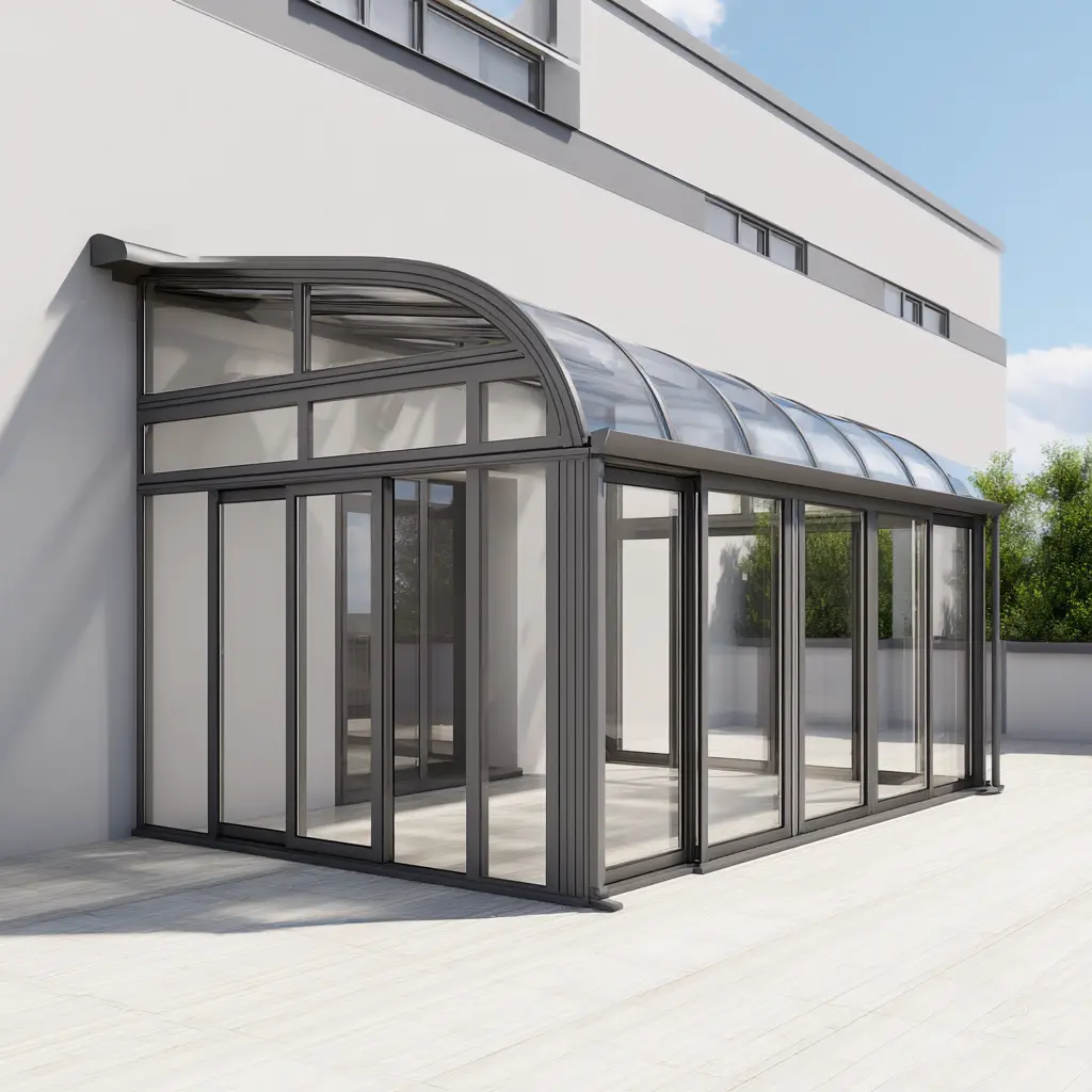 Lean-to retractable sunroom attached to a wall with curved transparent roof panels