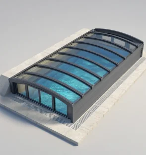 Low profile pool enclosure with low curved telescopic cover over a swimming pool