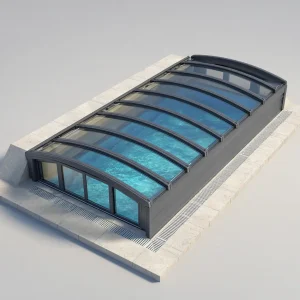 Low profile pool enclosure with low curved telescopic cover over a swimming pool