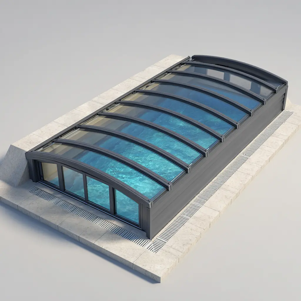 Low profile pool enclosure with low curved telescopic cover over a swimming pool