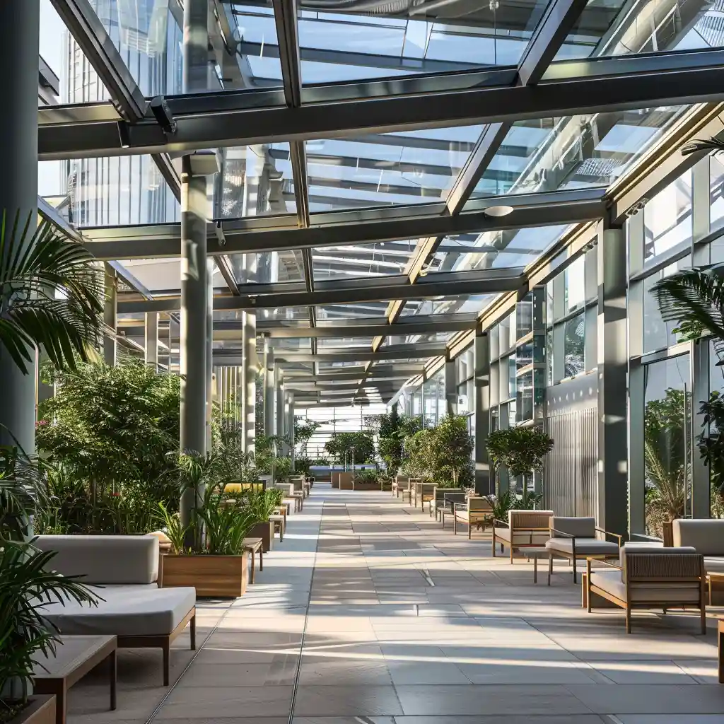 luxury hotel lounge covered by retractable glass roof system