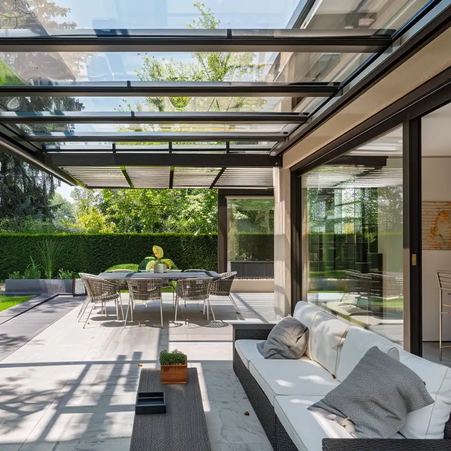 luxury villa patio with motorized aluminum glass retractable roof