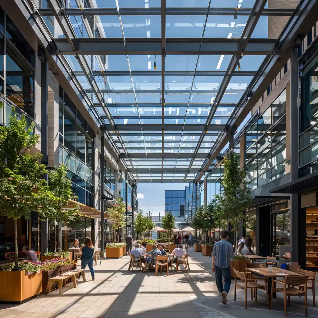 mixed use commercial complex with retractable glass roof system