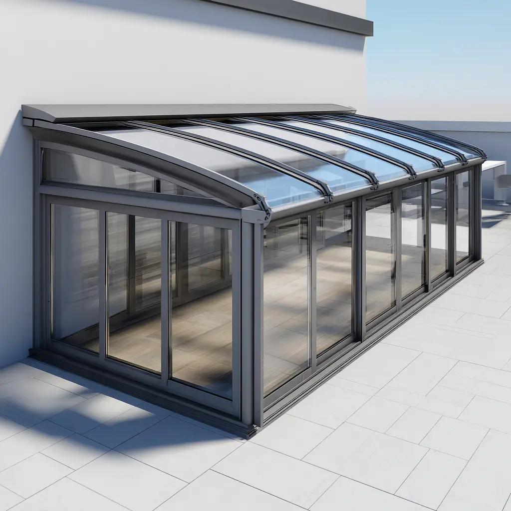 Motorized retractable roof system with integrated sliding rails and transparent roof panels