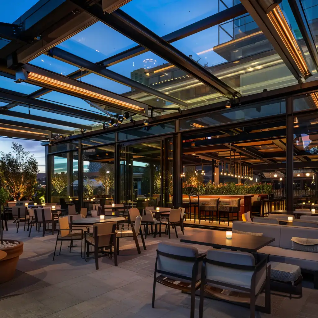 rooftop bar covered with retractable glass roof system