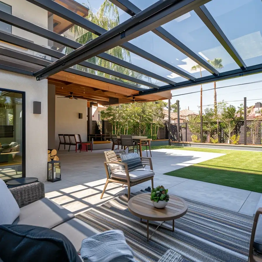 modern residential backyard patio with motorized glass retractable roof system