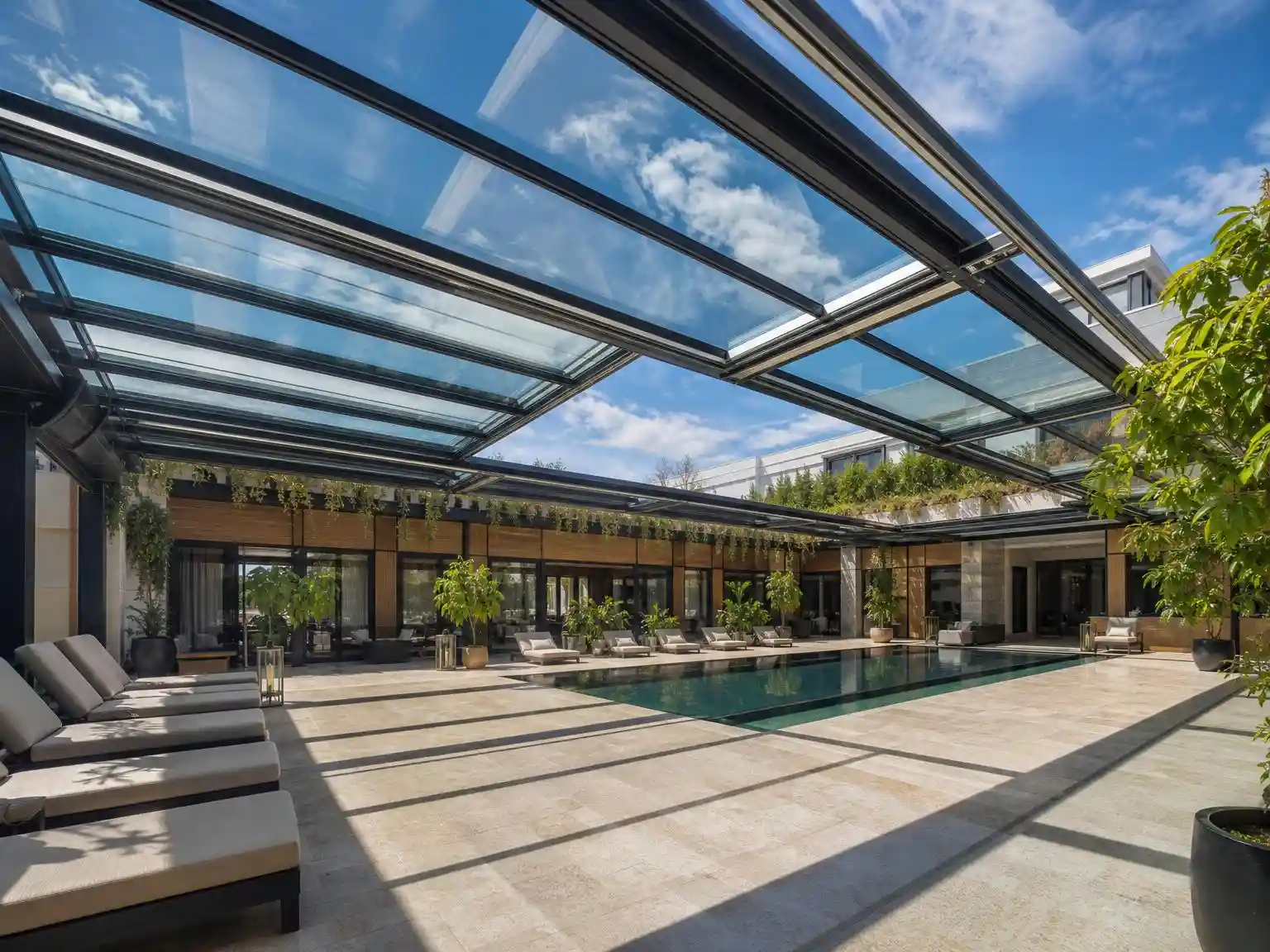 large retractable glass roof system installed in a hotel courtyard