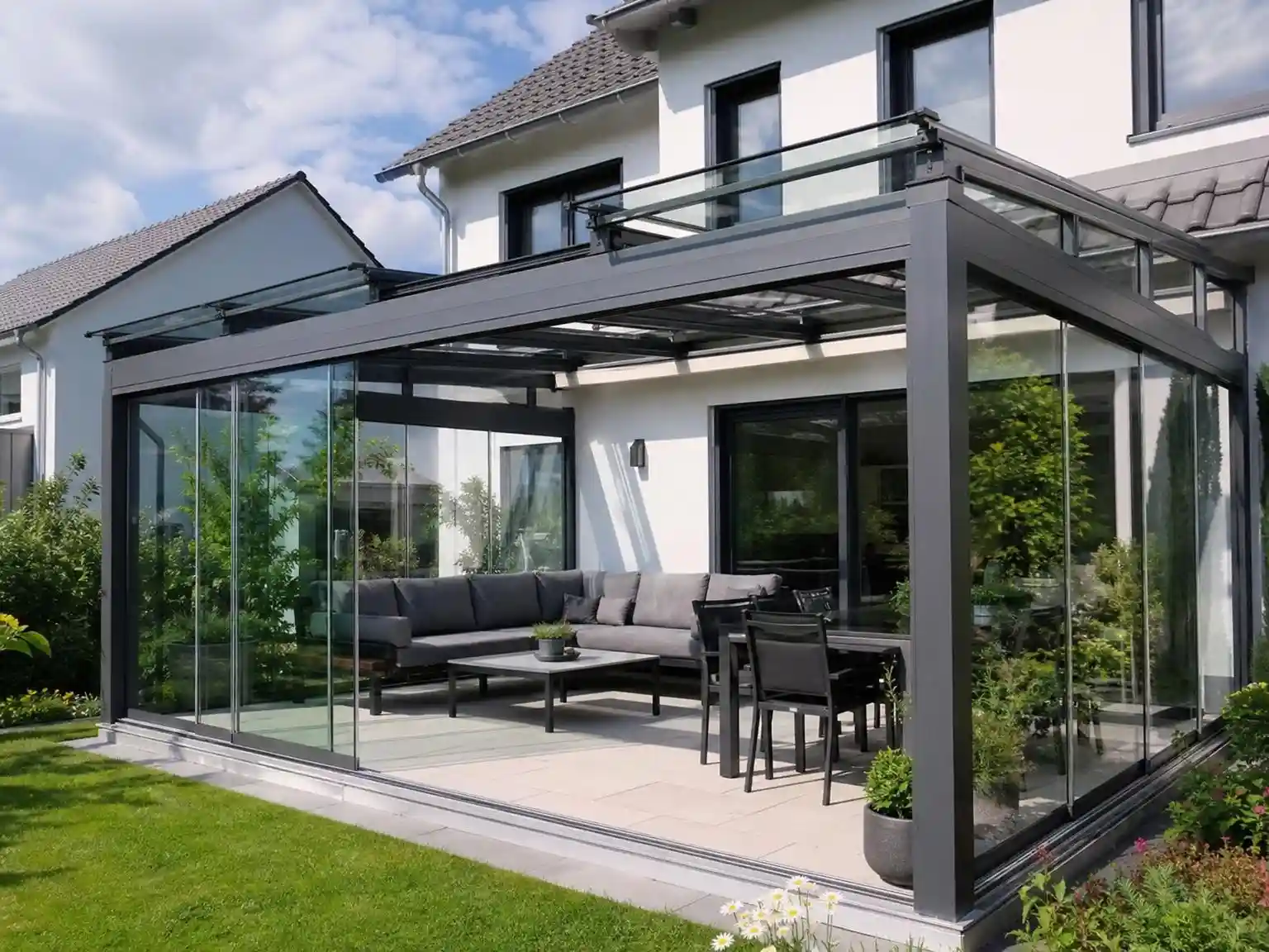 modern retractable sunroom system installed on a residential backyard patio