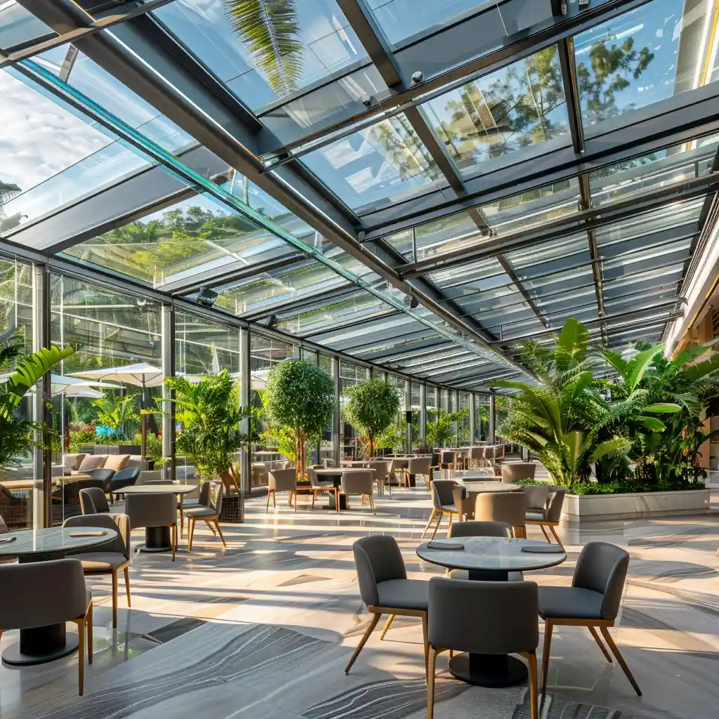 resort courtyard dining area with retractable glass roof system