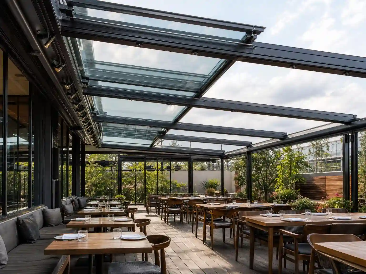 retractable glass roof system for restaurant outdoor patio dining area