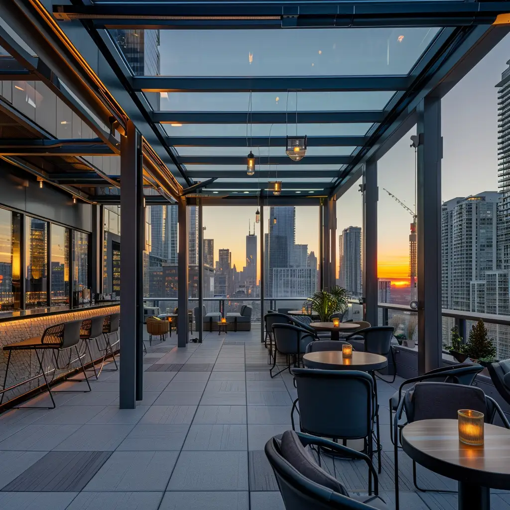 entertainment complex courtyard with retractable glass roof