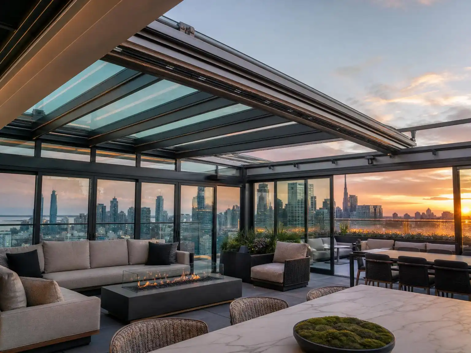 motorized retractable roof system for urban rooftop terrace space