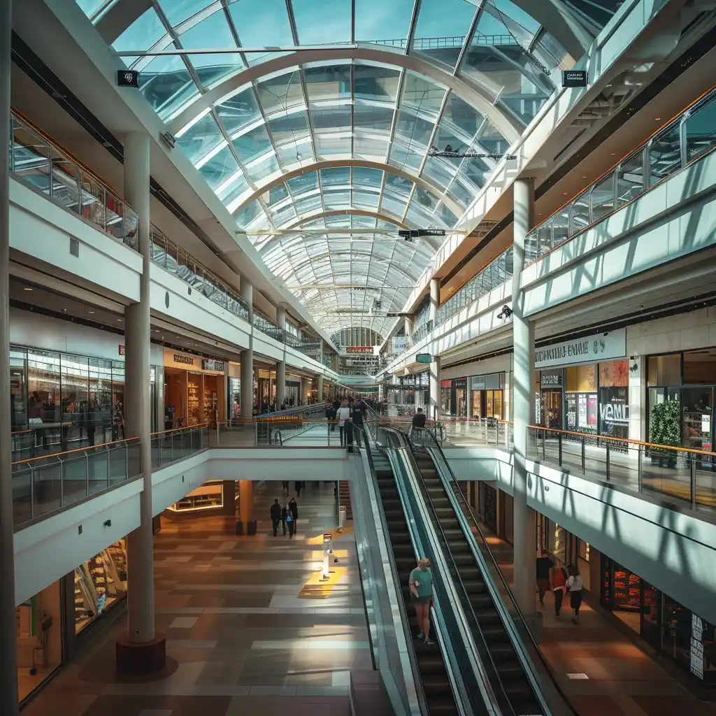 shopping mall atrium covered by retractable glass roof system