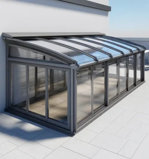 Sliding glass roof system with overlapping glass panels and dark aluminum frame