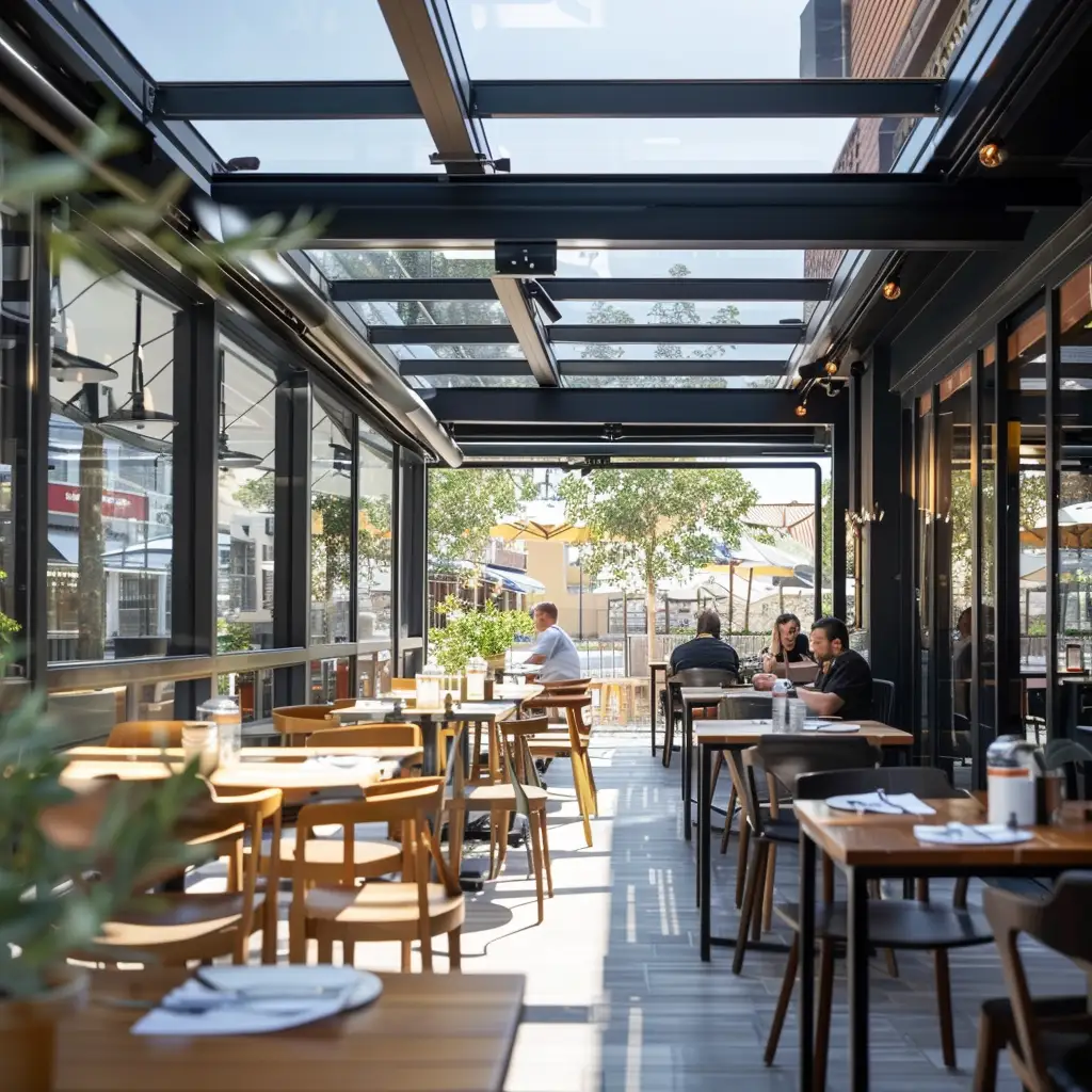 cafe terrace enclosed with retractable glass roof system