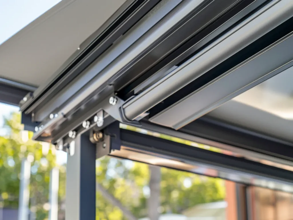 Commercial retractable roof aluminum track and drainage detail