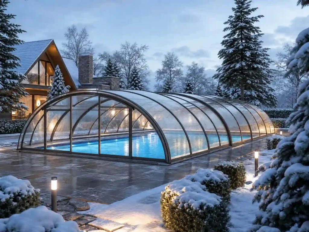 Curved retractable pool enclosure for winter snow areas