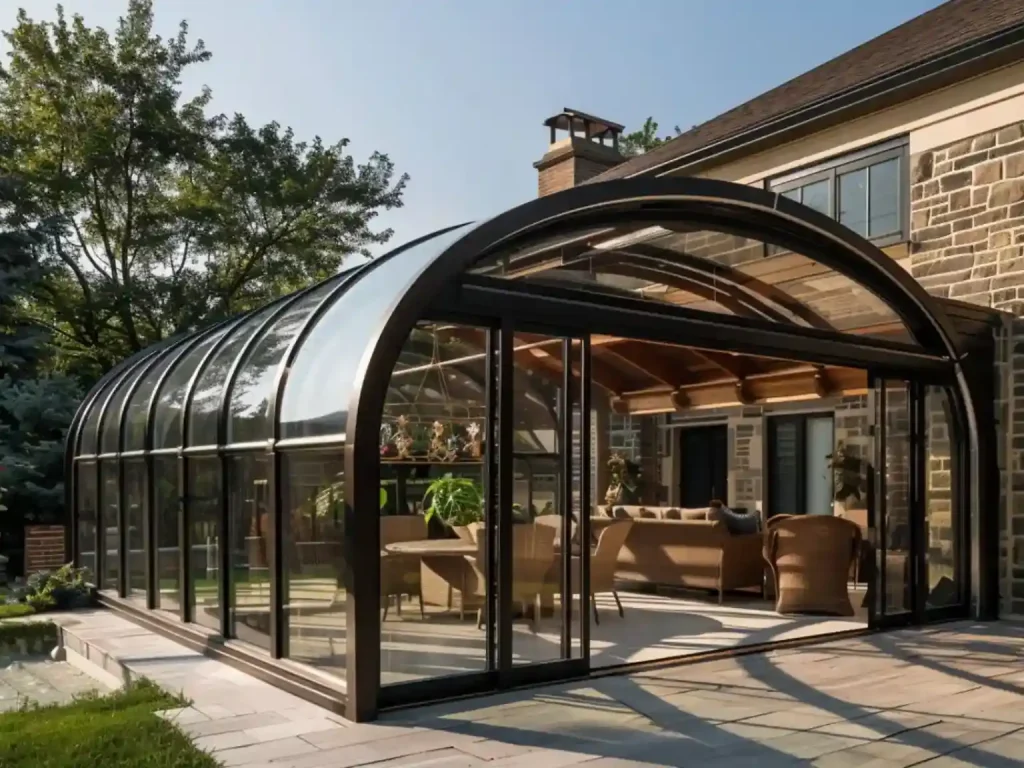 Curved retractable sunroom with aluminum frame and transparent panels