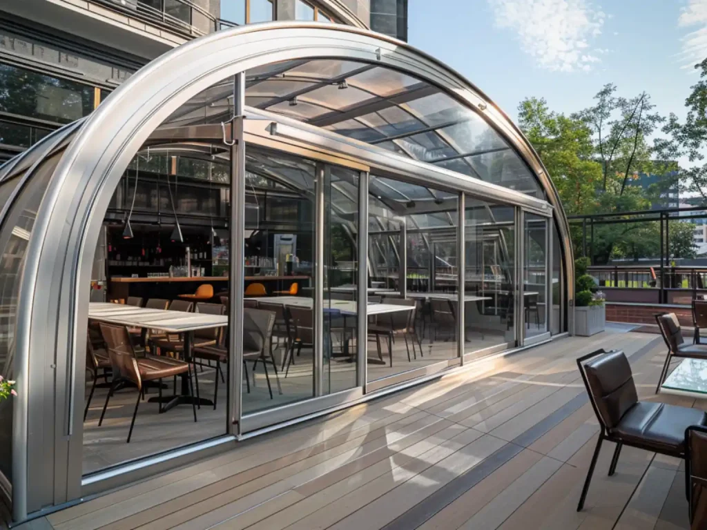 Curved retractable sunroom with aluminum frame and transparent panels
