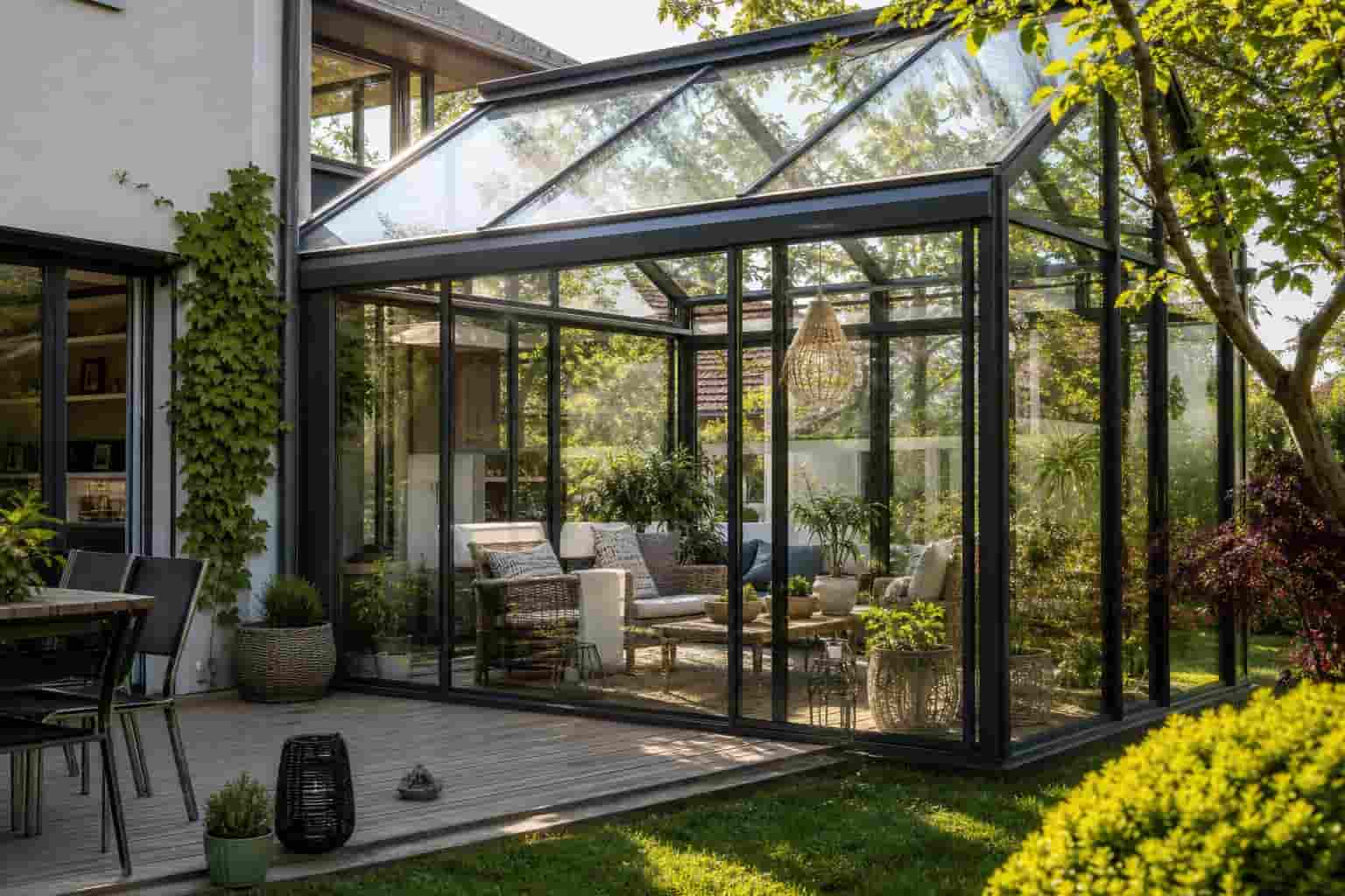glass sunroom installed in residential garden backyard