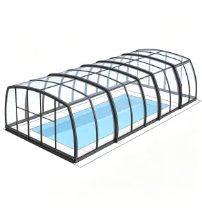 High profile swimming pool enclosure structure diagram with aluminum frame and transparent roof panels