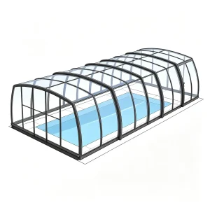 High profile swimming pool enclosure structure diagram with aluminum frame and transparent roof panels
