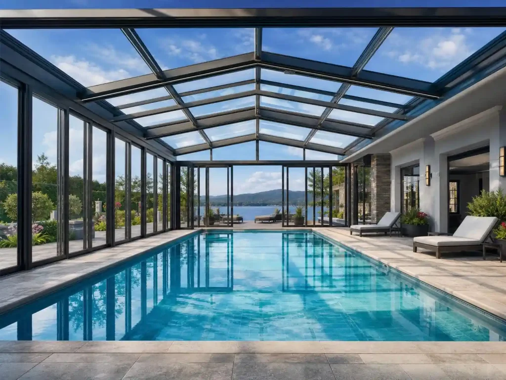 large walkable retractable pool enclosure sunroom style covering luxury swimming pool
