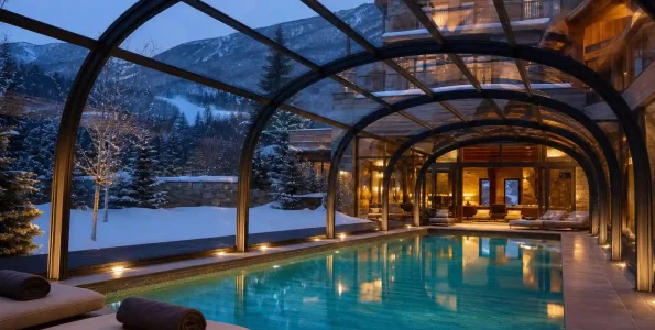 High walk-in pool enclosure for winter resort swimming pool