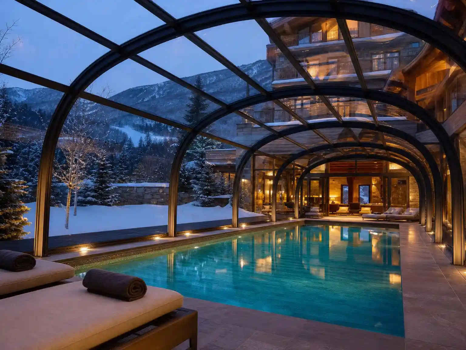 High walk-in pool enclosure for winter resort swimming pool