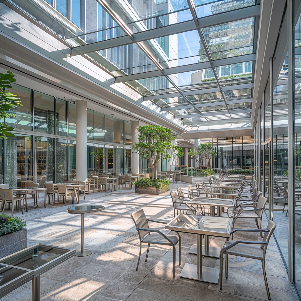hotel courtyard covered by retractable glass roof system