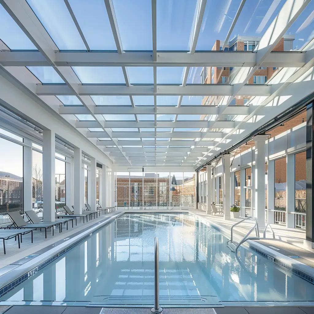 hotel swimming pool covered with retractable glass roof enclosure